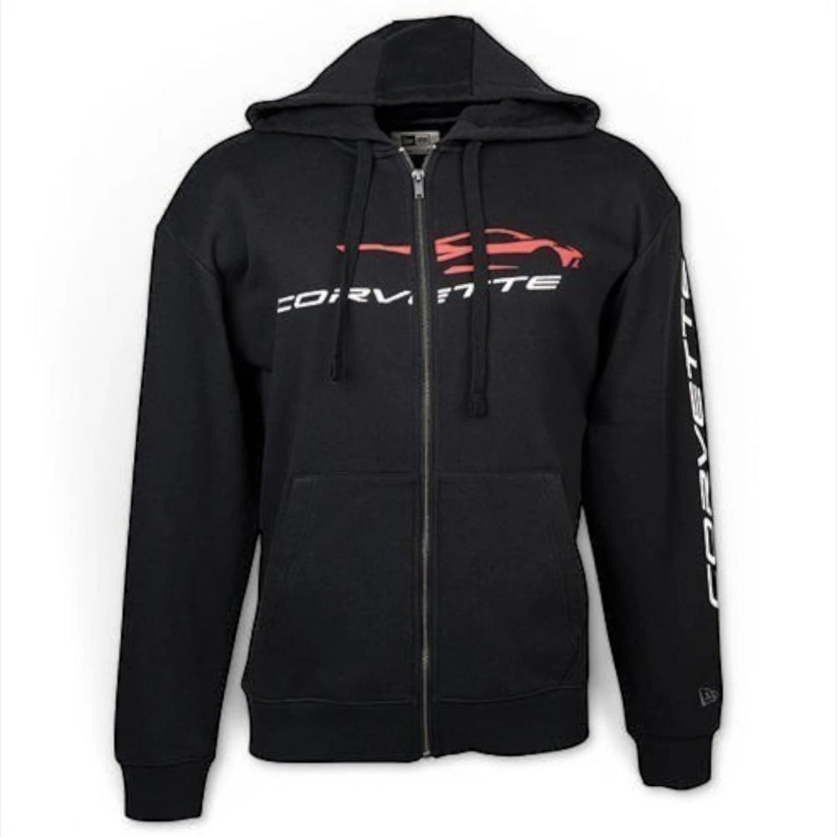 T-Top Vibes black New Era full-zip hoodie featuring a red C8 Corvette logo and white script on the sleeve.