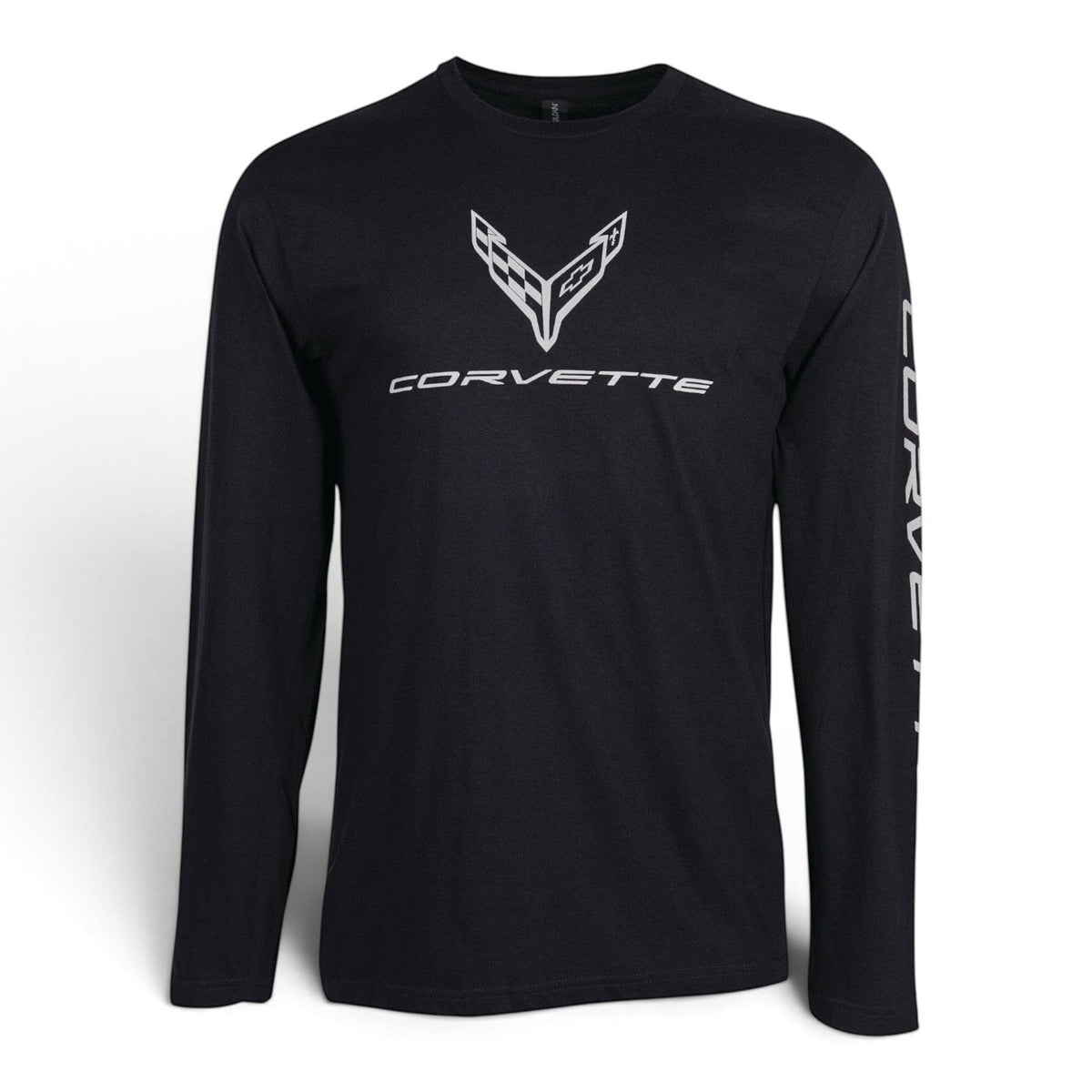 T-Top Vibes black long-sleeve cotton T-shirt with white Corvette C8 logo on chest and lettering on the left sleeve