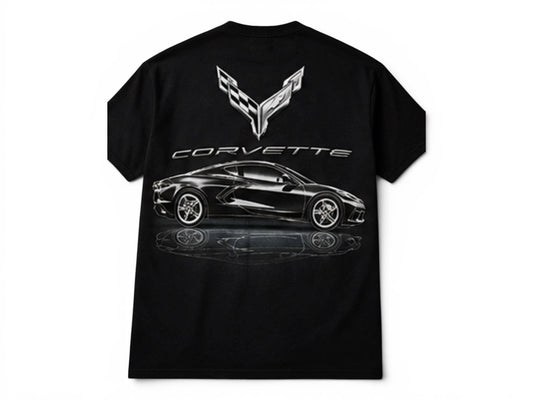 T-Top Vibes black cotton T-shirt featuring a large metallic 2020 Corvette C8 graphic on the back