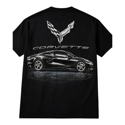 T-Top Vibes black cotton t-shirt featuring a metallic 2020 Corvette C8 graphic on the back