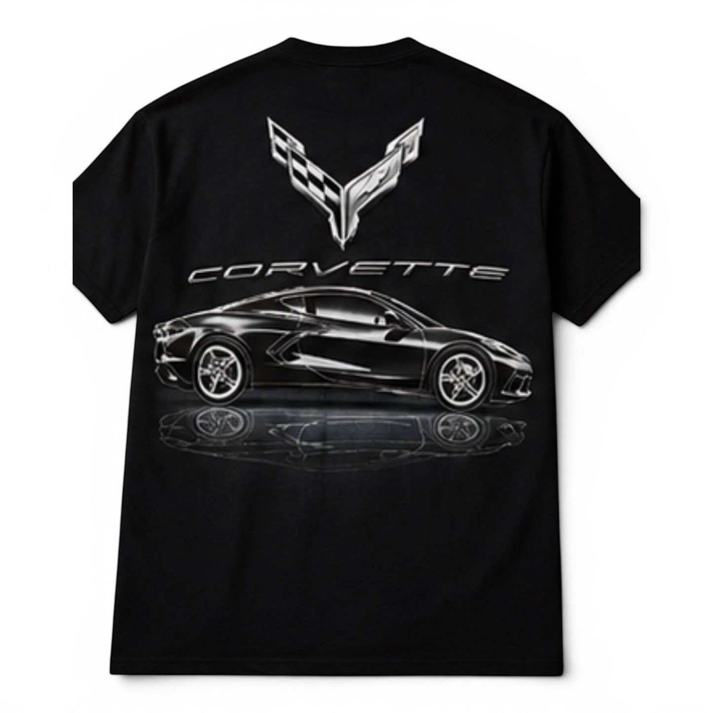 T-Top Vibes black cotton T-shirt featuring a large metallic 2020 Corvette C8 graphic on the back