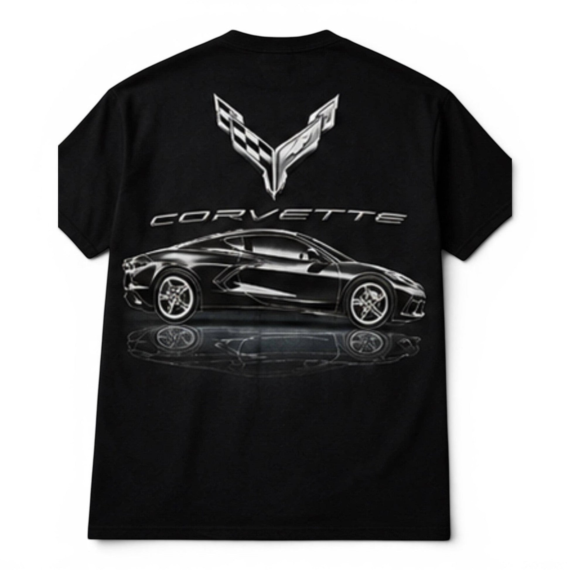 T-Top Vibes black cotton T-shirt featuring a large metallic 2020 Corvette C8 graphic on the back