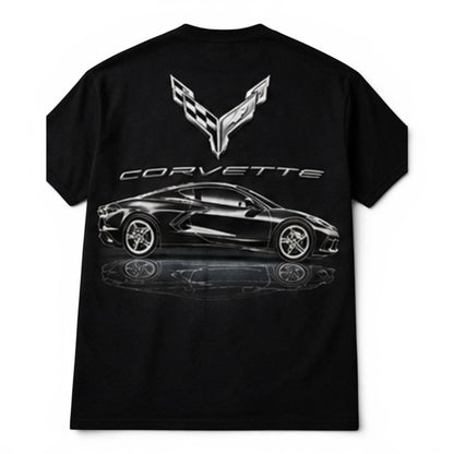 T-Top Vibes black cotton T-shirt featuring a large metallic 2020 Corvette C8 graphic on the back
