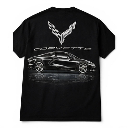 T-Top Vibes black cotton T-shirt featuring a large metallic 2020 Corvette C8 graphic on the back