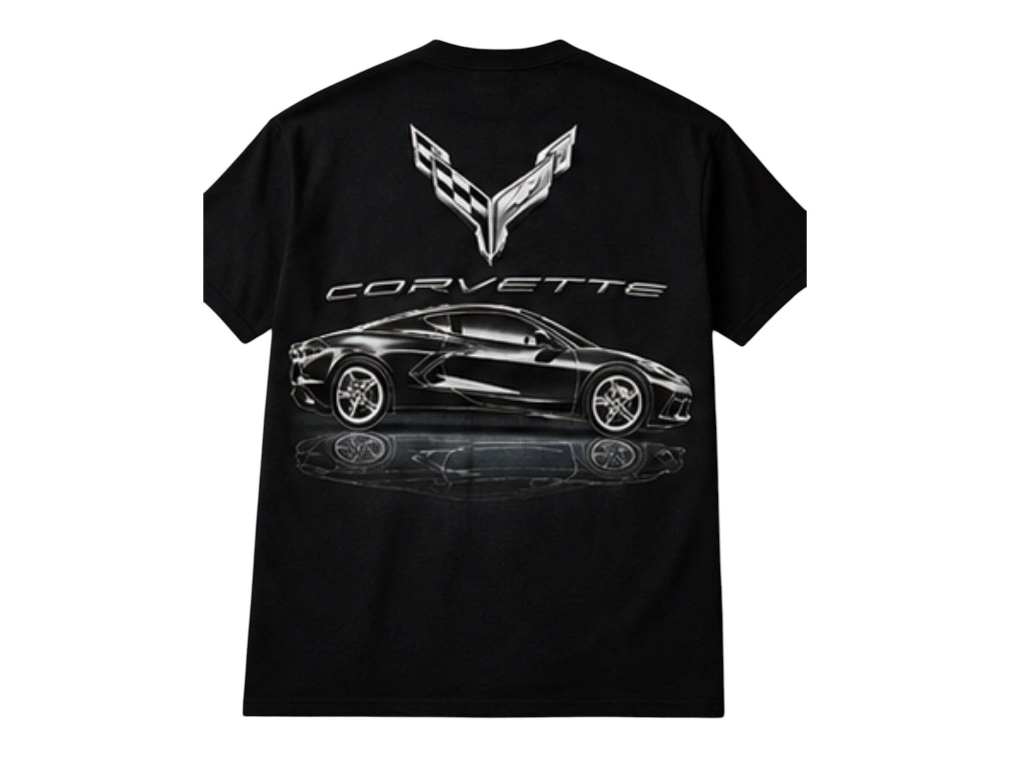 T-Top Vibes black cotton T-shirt featuring a large metallic 2020 Corvette C8 graphic on the back.