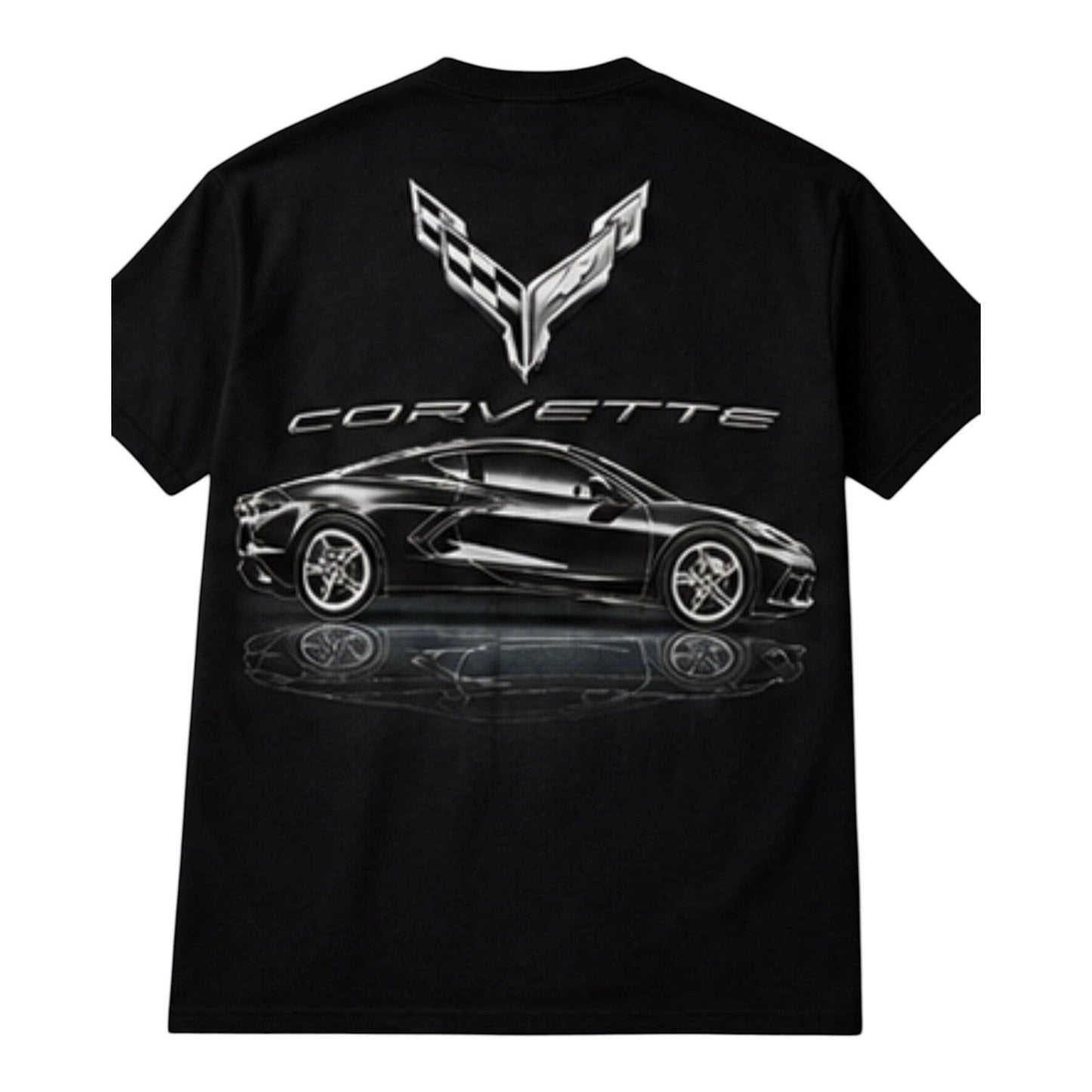 T-Top Vibes black cotton T-shirt featuring a large metallic 2020 Corvette C8 graphic on the back.