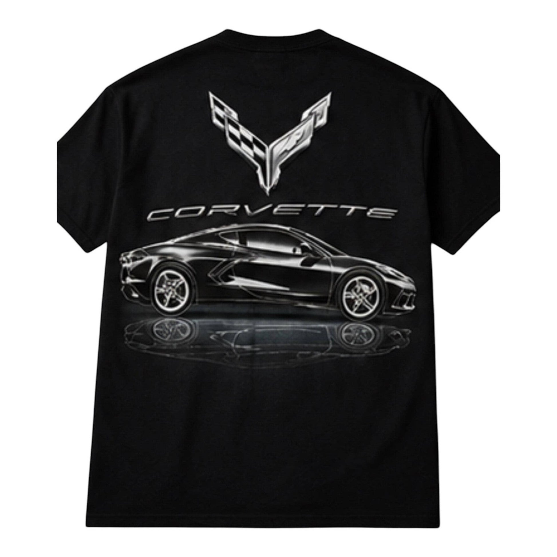 T-Top Vibes black cotton T-shirt featuring a large metallic 2020 Corvette C8 graphic on the back.