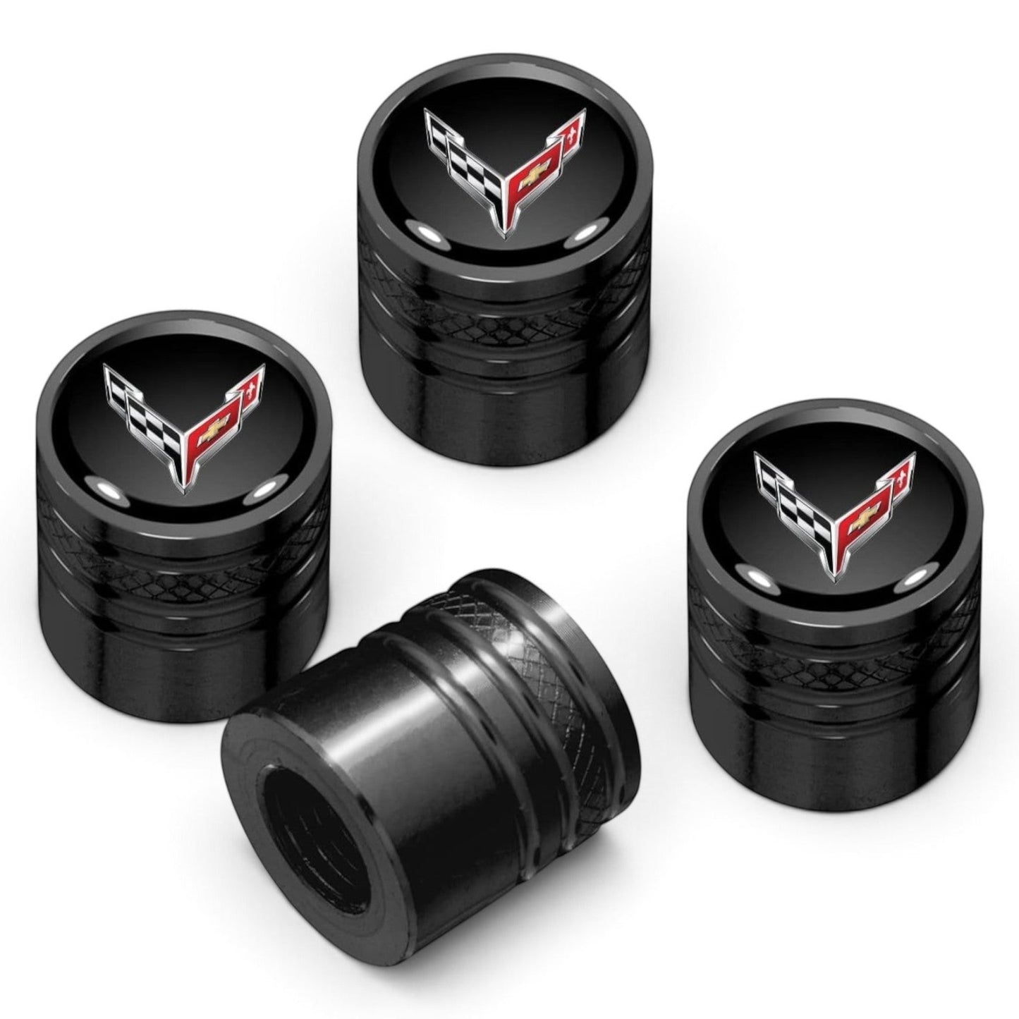 T-Top Vibes black anodized billet aluminum Corvette C8 valve stem caps with crossed-flags emblem and diamond-cut grip