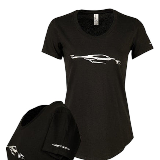 T-Top Vibes black women's t-shirt featuring a metallic silver Corvette C8 Z06 foil silhouette and sleeve detail.