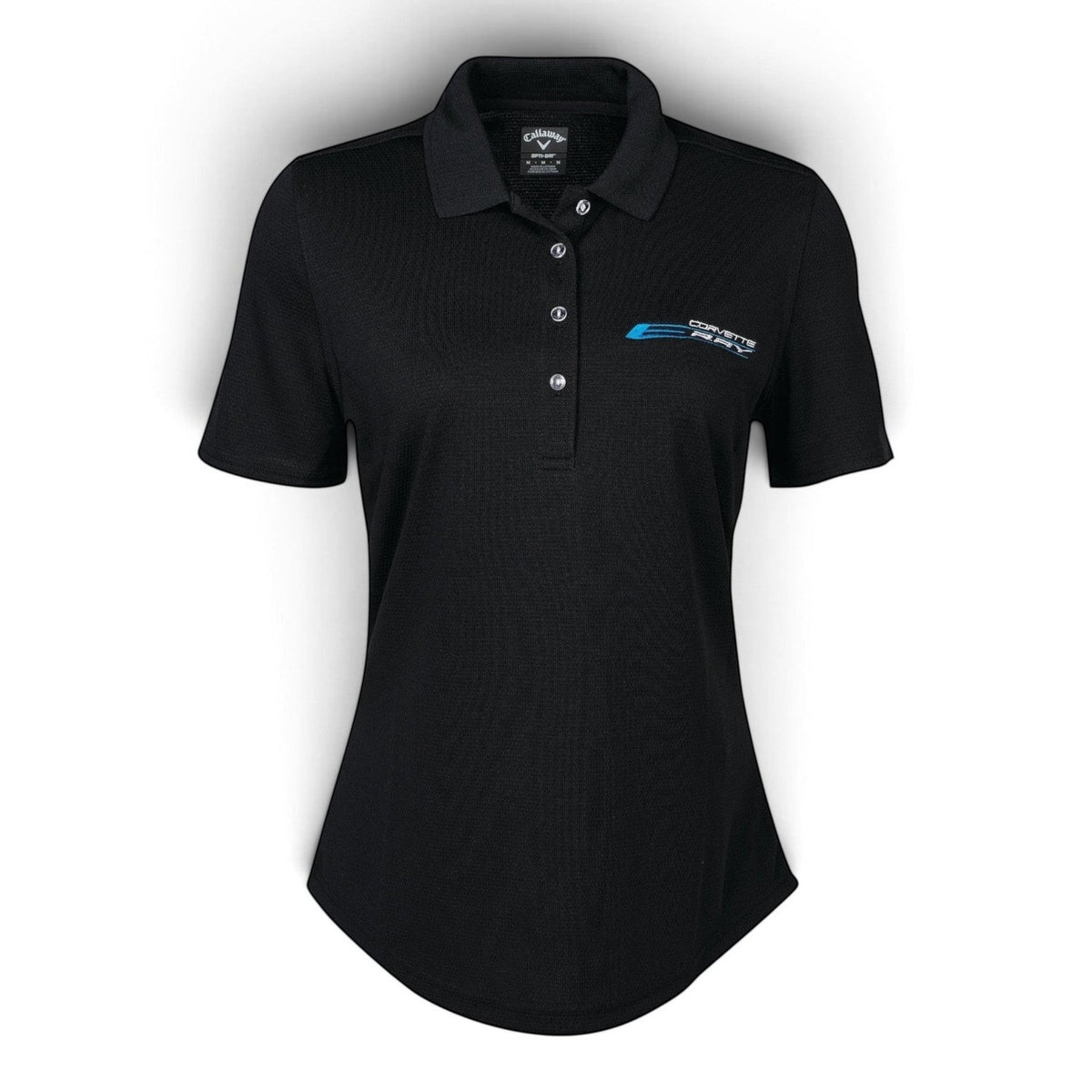 T-Top Vibes ladies black Callaway performance polo featuring an embroidered Corvette E-Ray emblem on the chest.