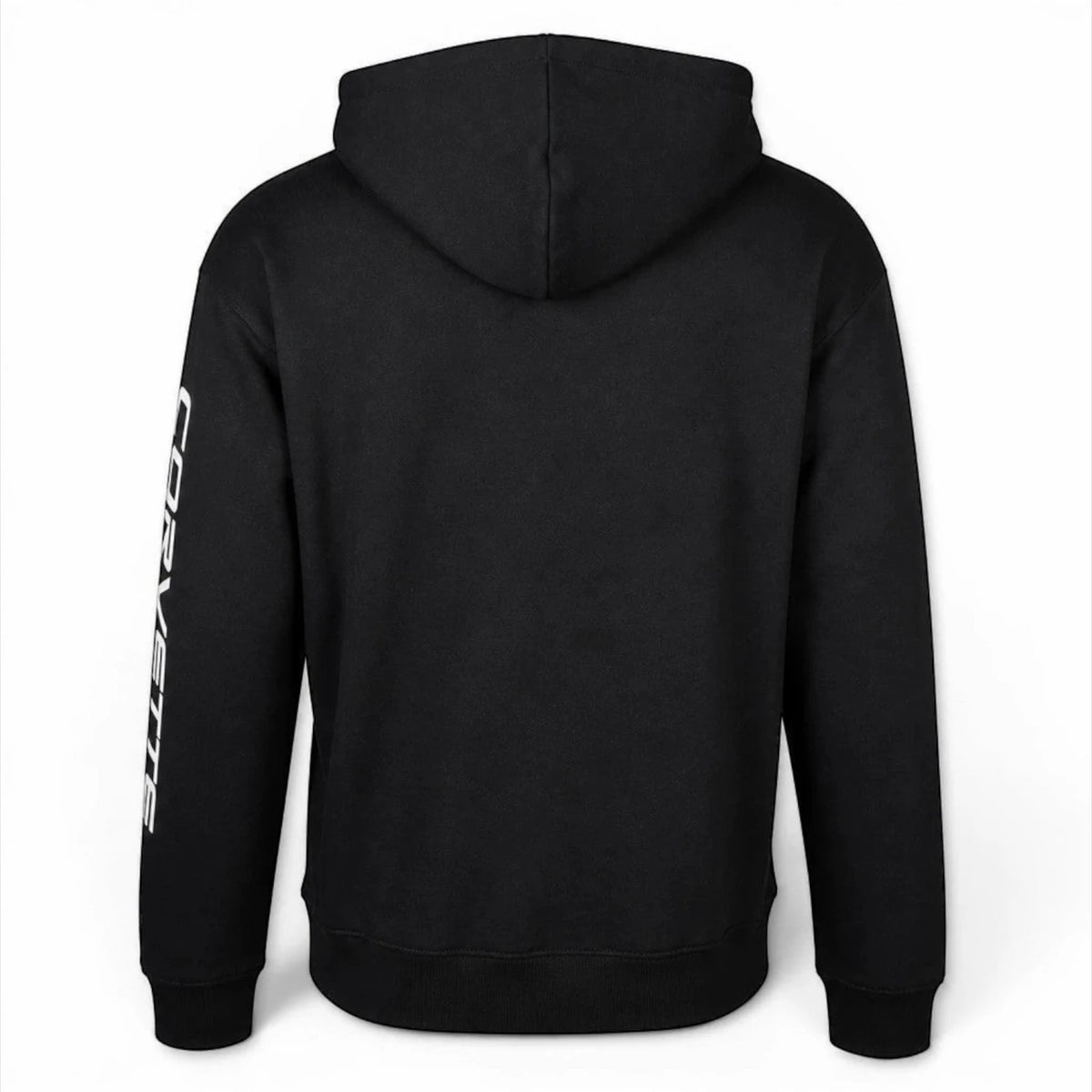 T-Top Vibes black New Era full-zip hoodie featuring white Corvette script on the sleeve and a three-panel hood.