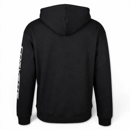 T-Top Vibes black New Era full-zip hoodie featuring white Corvette script on the sleeve and a three-panel hood.