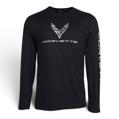 T-Top Vibes black long-sleeve cotton T-shirt featuring a white Corvette C8 logo on the chest and sleeve.