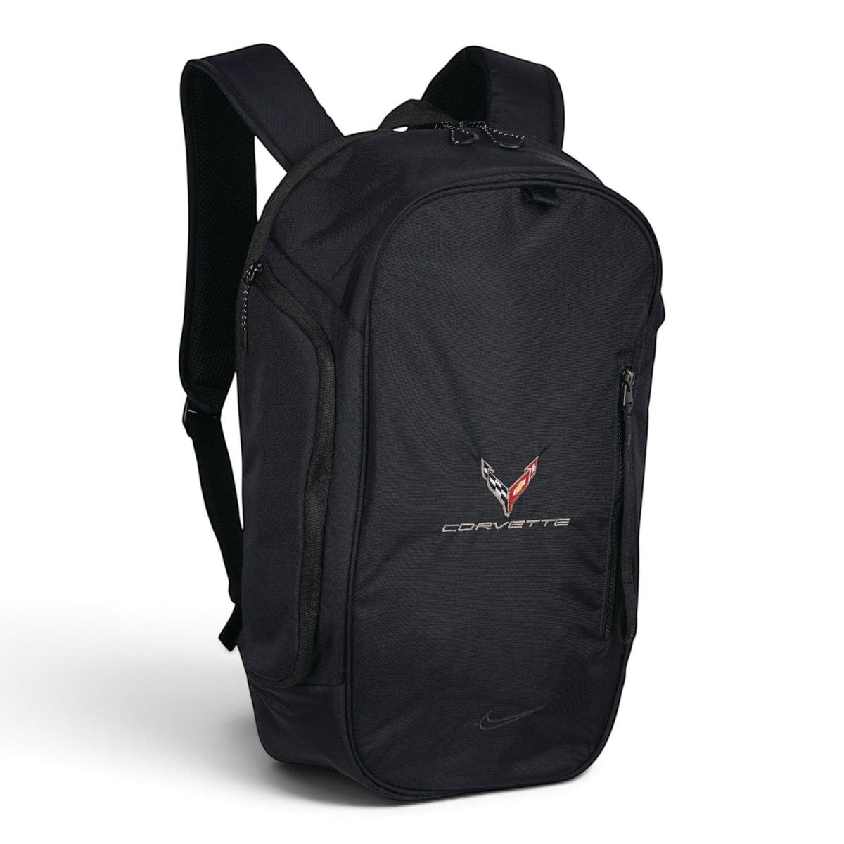T-Top Vibes black Nike Corvette C8 commute backpack with embroidered emblem and zippered front pocket