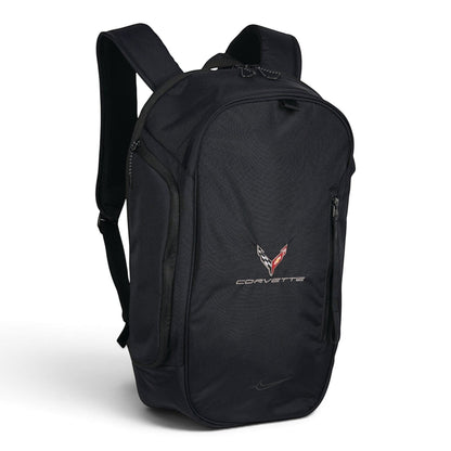 T-Top Vibes black Nike Corvette C8 commute backpack with embroidered emblem and zippered front pocket