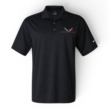 T-Top Vibes black Nike Dri-FIT polo shirt featuring embroidered C7 Corvette Grand Sport logo and Nike Swoosh on sleeve.