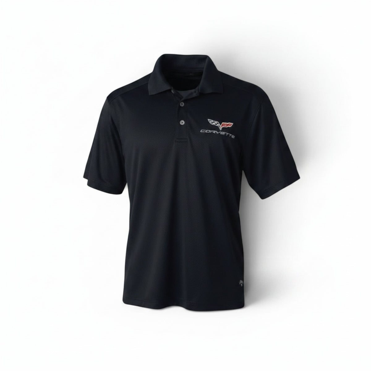 T-Top Vibes black Callaway Dry Core performance polo featuring an embroidered C6 Corvette emblem and three-button placket