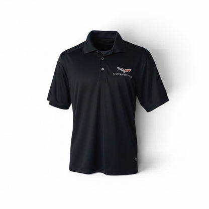 T-Top Vibes black Callaway Dry Core performance polo featuring an embroidered C6 Corvette emblem and three-button placket
