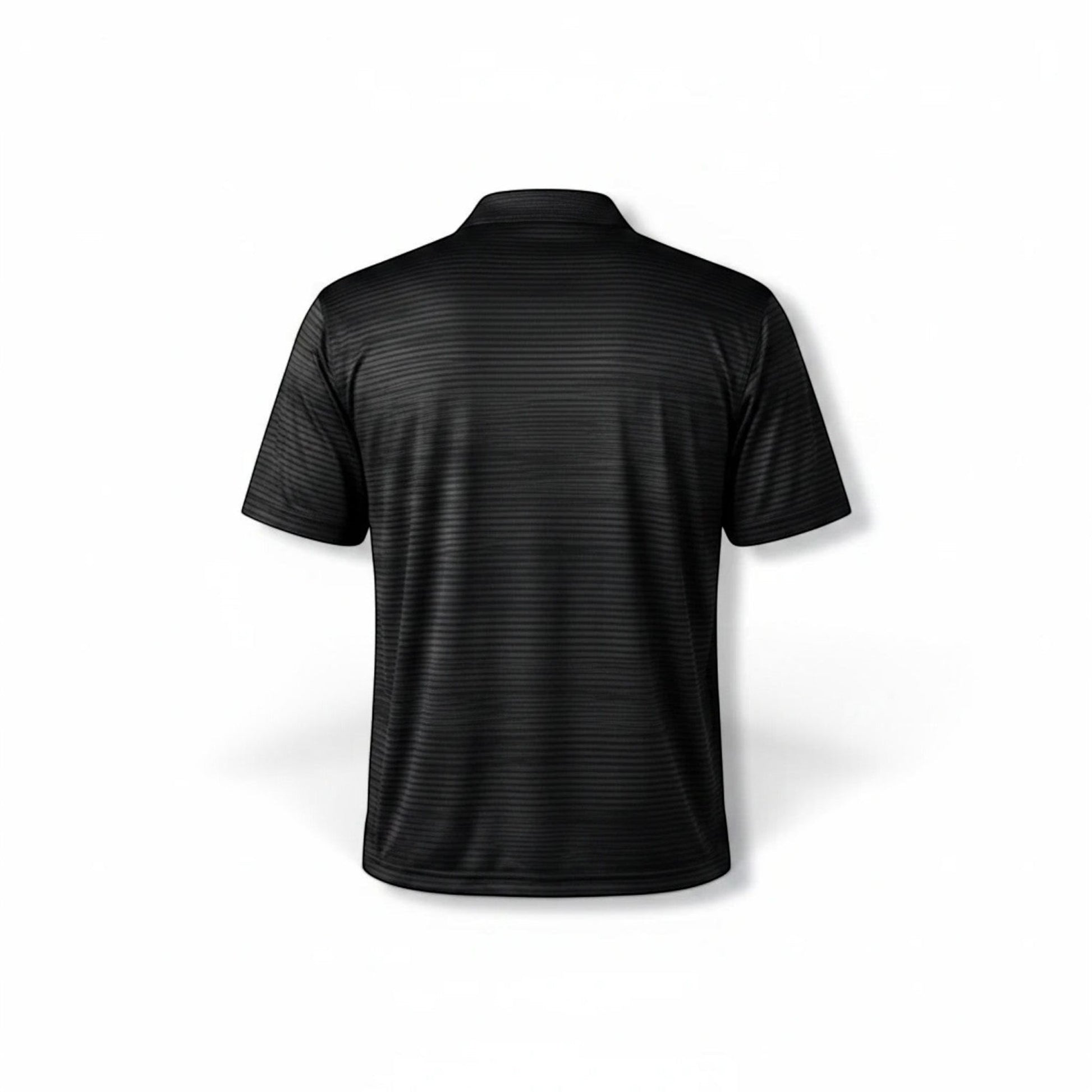 Back view of a black T-Top Vibes Corvette performance polo shirt with a subtle horizontal striped texture.