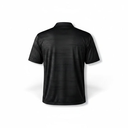 Back view of a black T-Top Vibes Corvette performance polo shirt with a subtle horizontal striped texture.