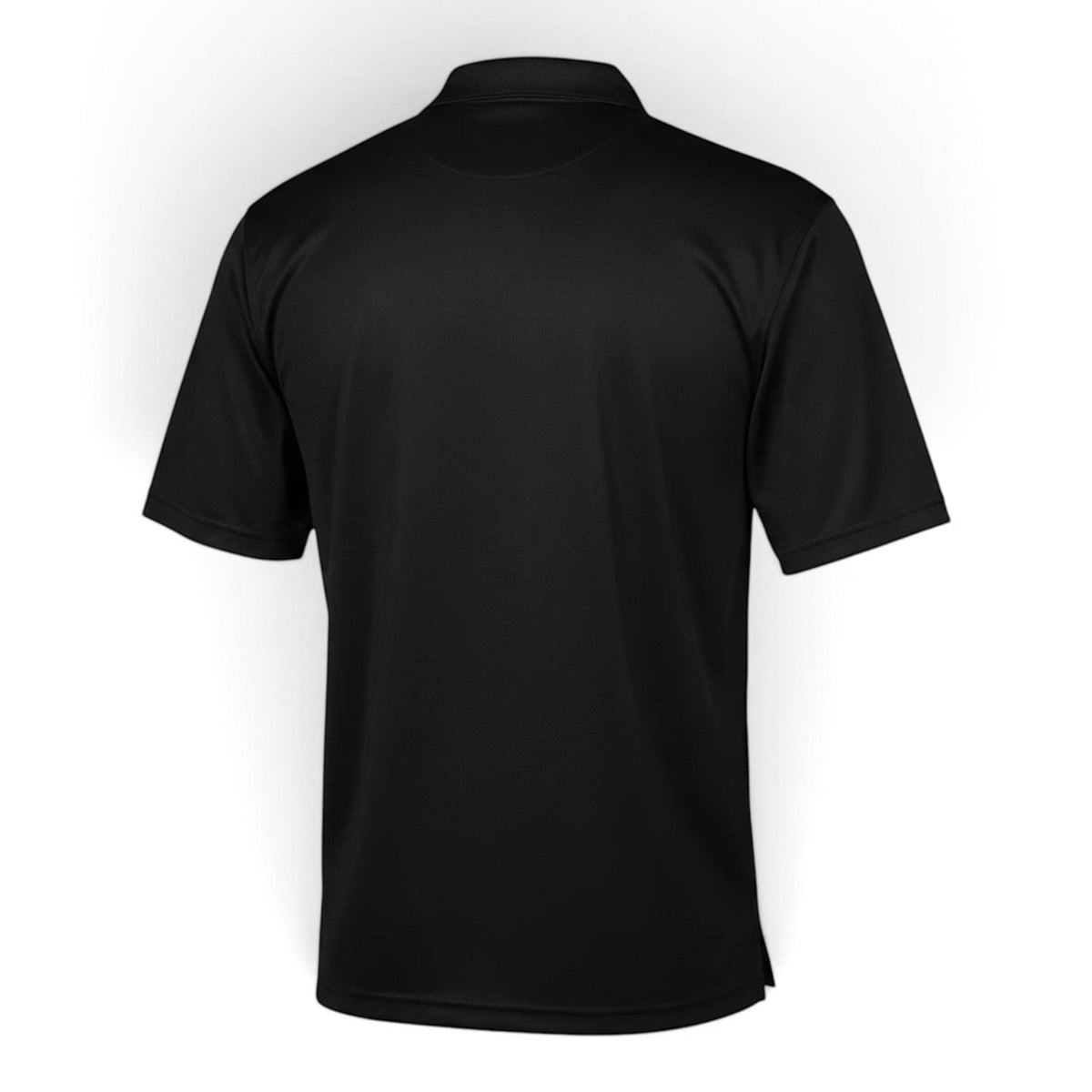 Back view of a black T-Top Vibes Corvette C8 performance polo shirt made from moisture-wicking snag-resistant fabric