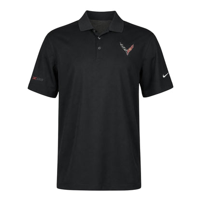 T-Top Vibes black Nike Dri-FIT Corvette Z06 polo shirt with embroidered chest emblem and sleeve details.