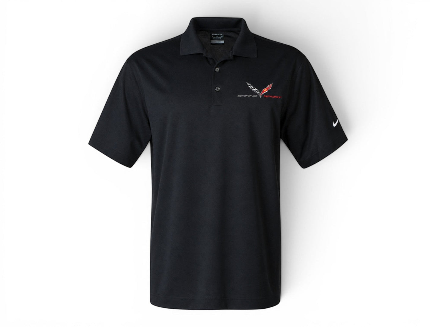 T-Top Vibes black Nike Dri-FIT polo shirt featuring embroidered C7 Corvette Grand Sport logo and Nike Swoosh.