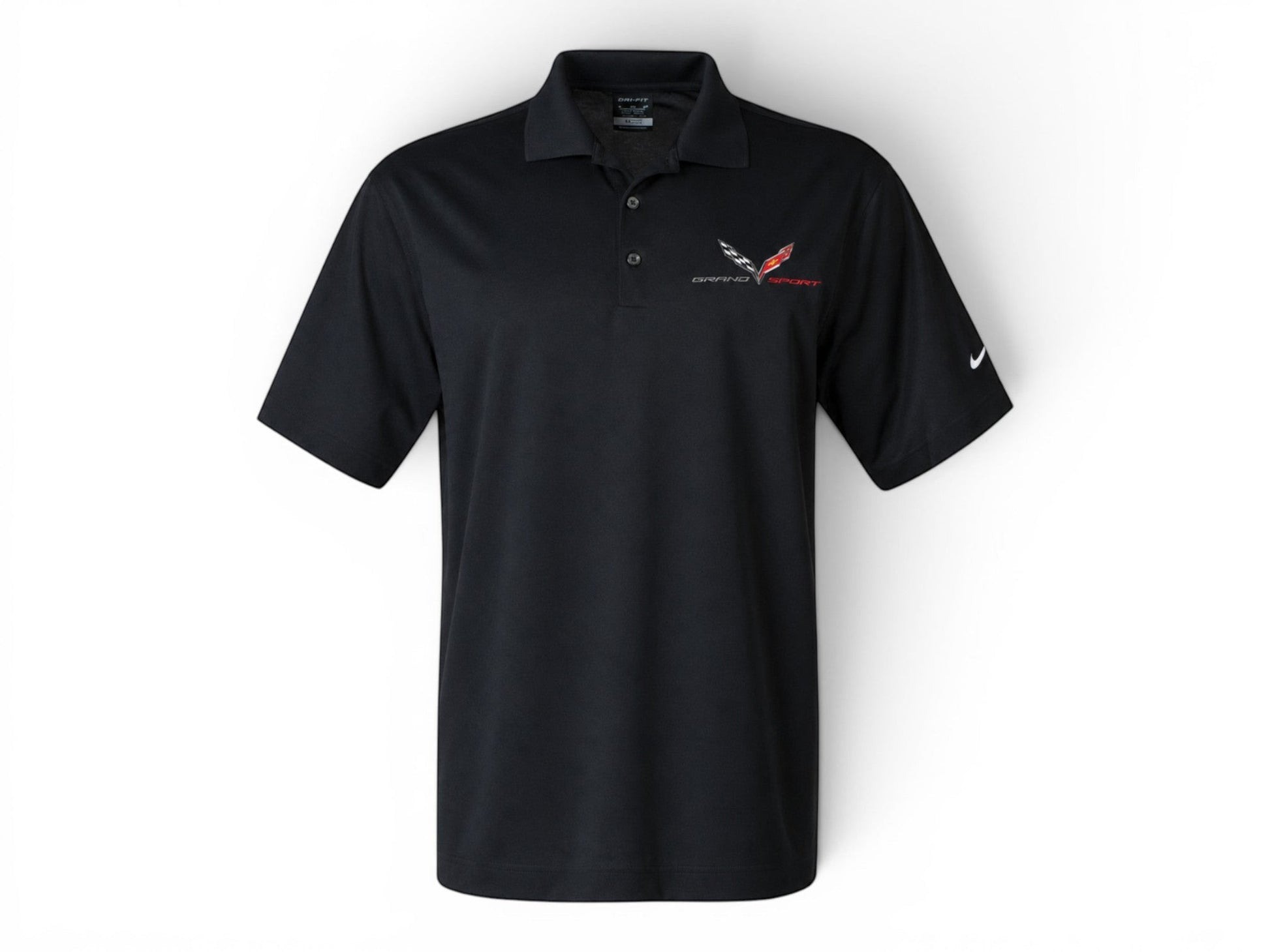 T-Top Vibes black Nike Dri-FIT polo shirt featuring embroidered C7 Corvette Grand Sport logo and Nike Swoosh.