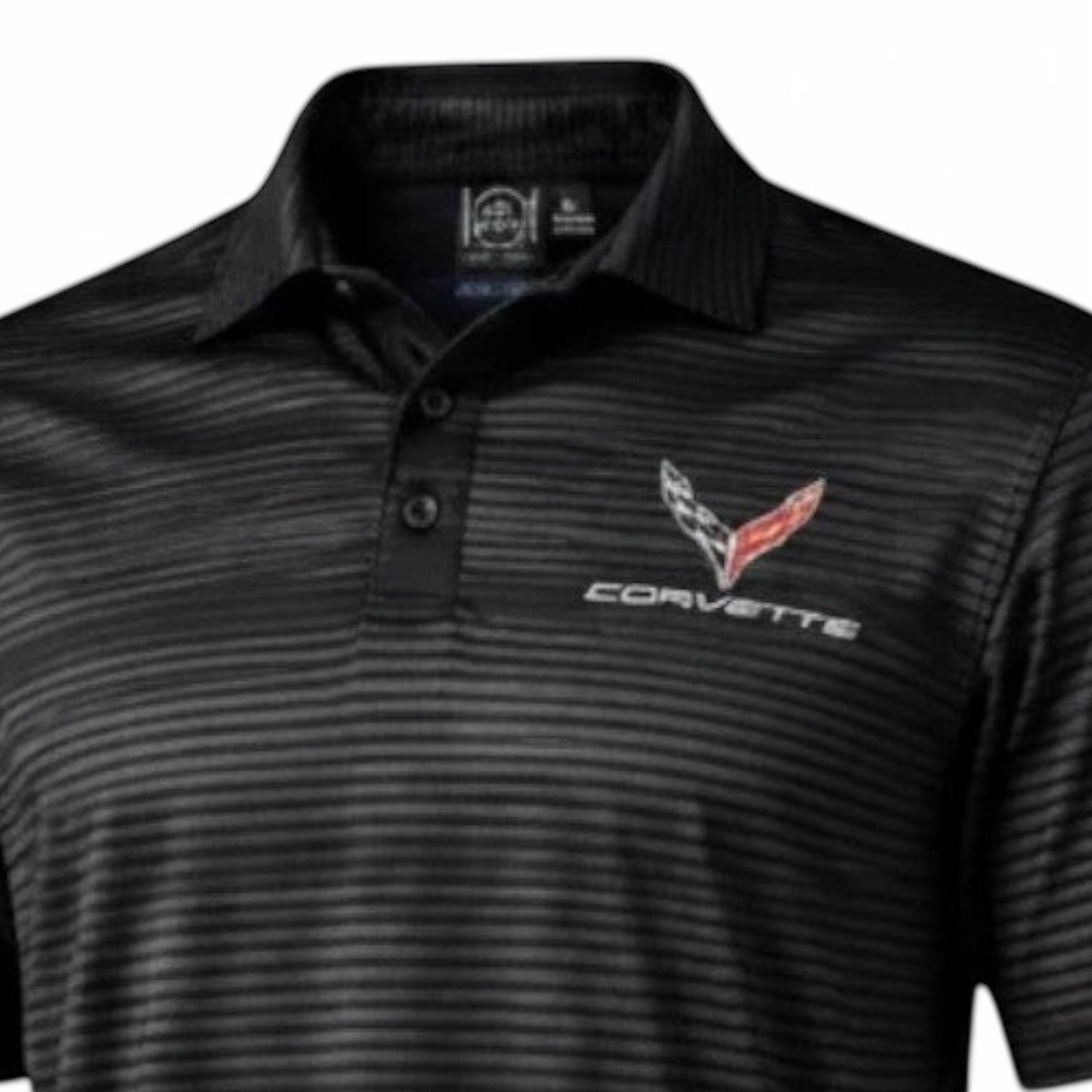 T-Top Vibes black performance polo shirt with horizontal stripes and Corvette logo on the chest