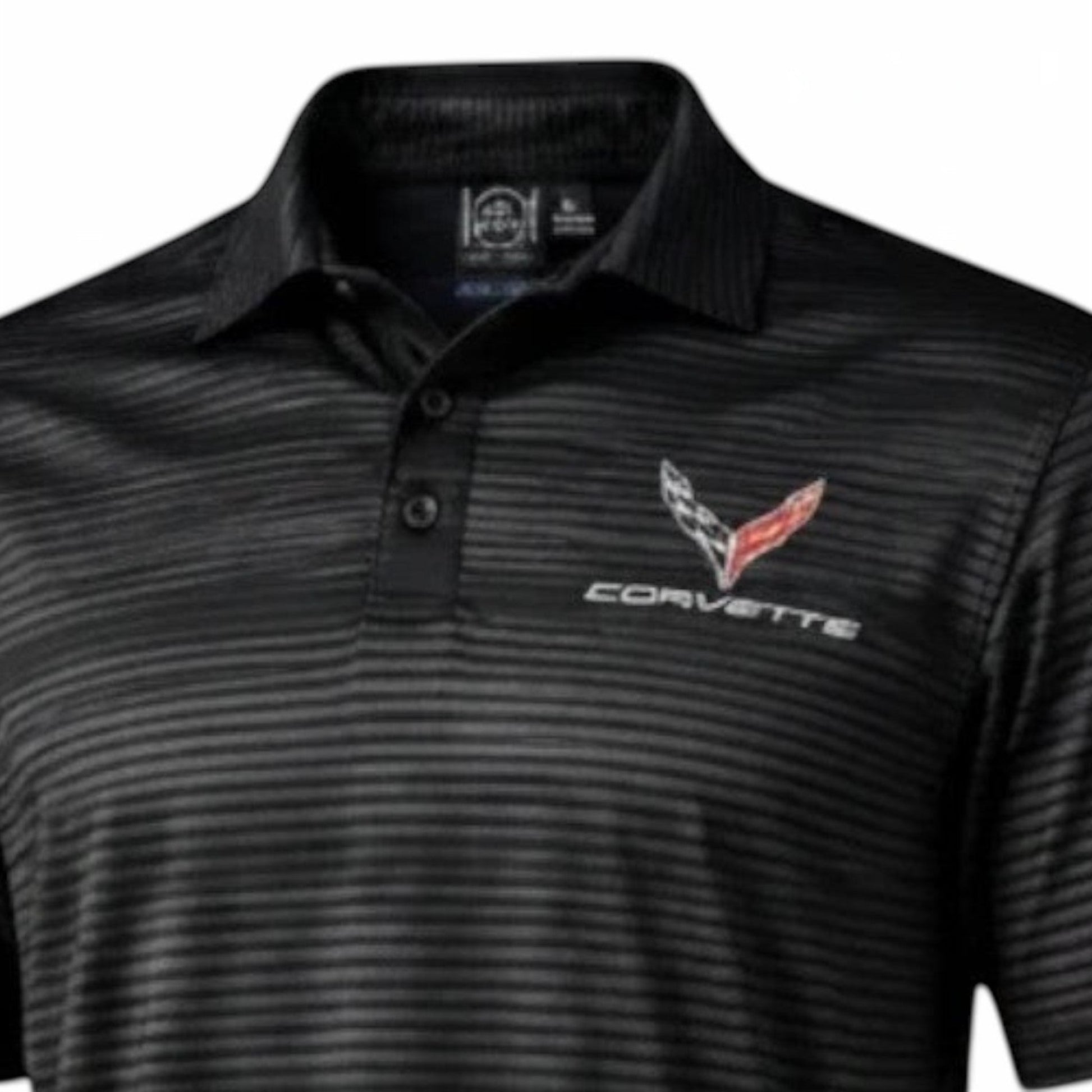 T-Top Vibes black performance polo shirt with horizontal stripes and Corvette logo on the chest