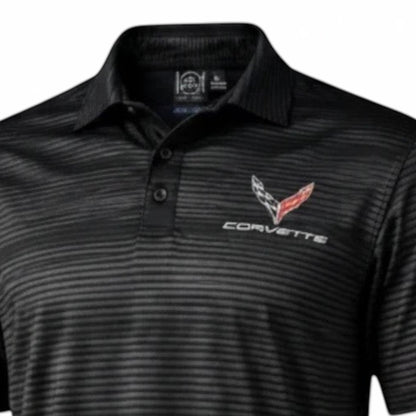 T-Top Vibes black performance polo shirt with horizontal stripes and Corvette logo on the chest