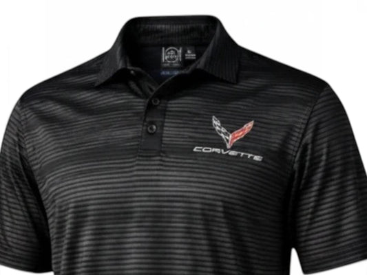 T-Top Vibes black performance polo shirt with horizontal stripes and Corvette logo on the chest