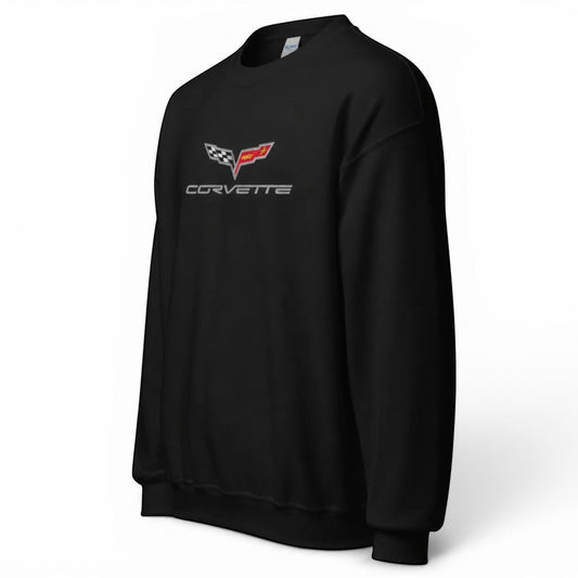 T-Top Vibes black crewneck sweatshirt featuring an embroidered C6 Corvette emblem on the chest.