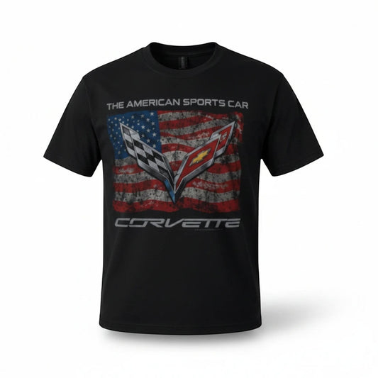 T-Top Vibes black cotton t-shirt featuring a distressed American flag and C7 Corvette emblem graphic.