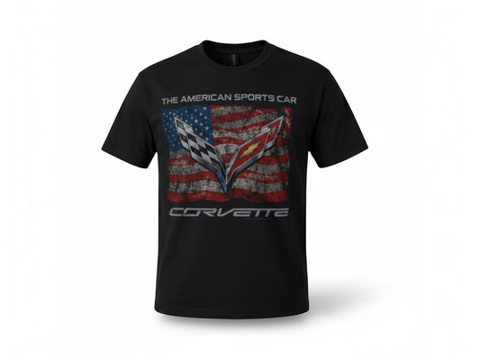 T-Top Vibes black cotton t-shirt featuring a distressed American flag and C7 Corvette emblem graphic.