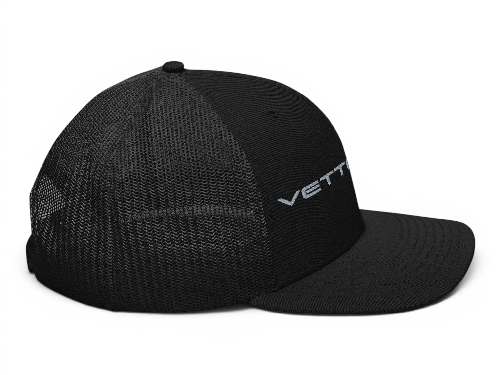 T-Top Vibes black trucker hat with Vette Life embroidery, structured front panels, and breathable mesh back.