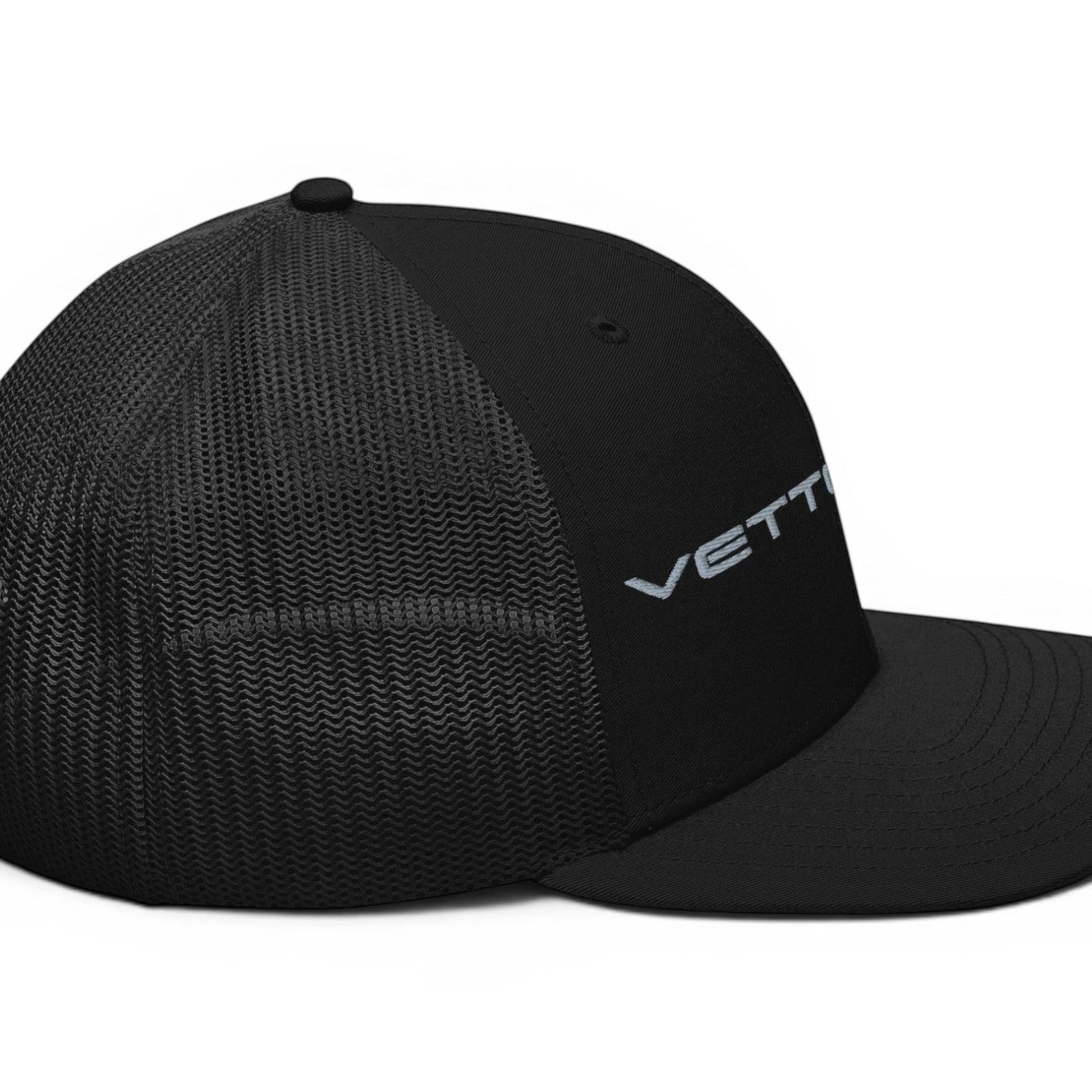 T-Top Vibes black Corvette Vette Life trucker hat with structured front panel, mesh back, and embroidered logo.