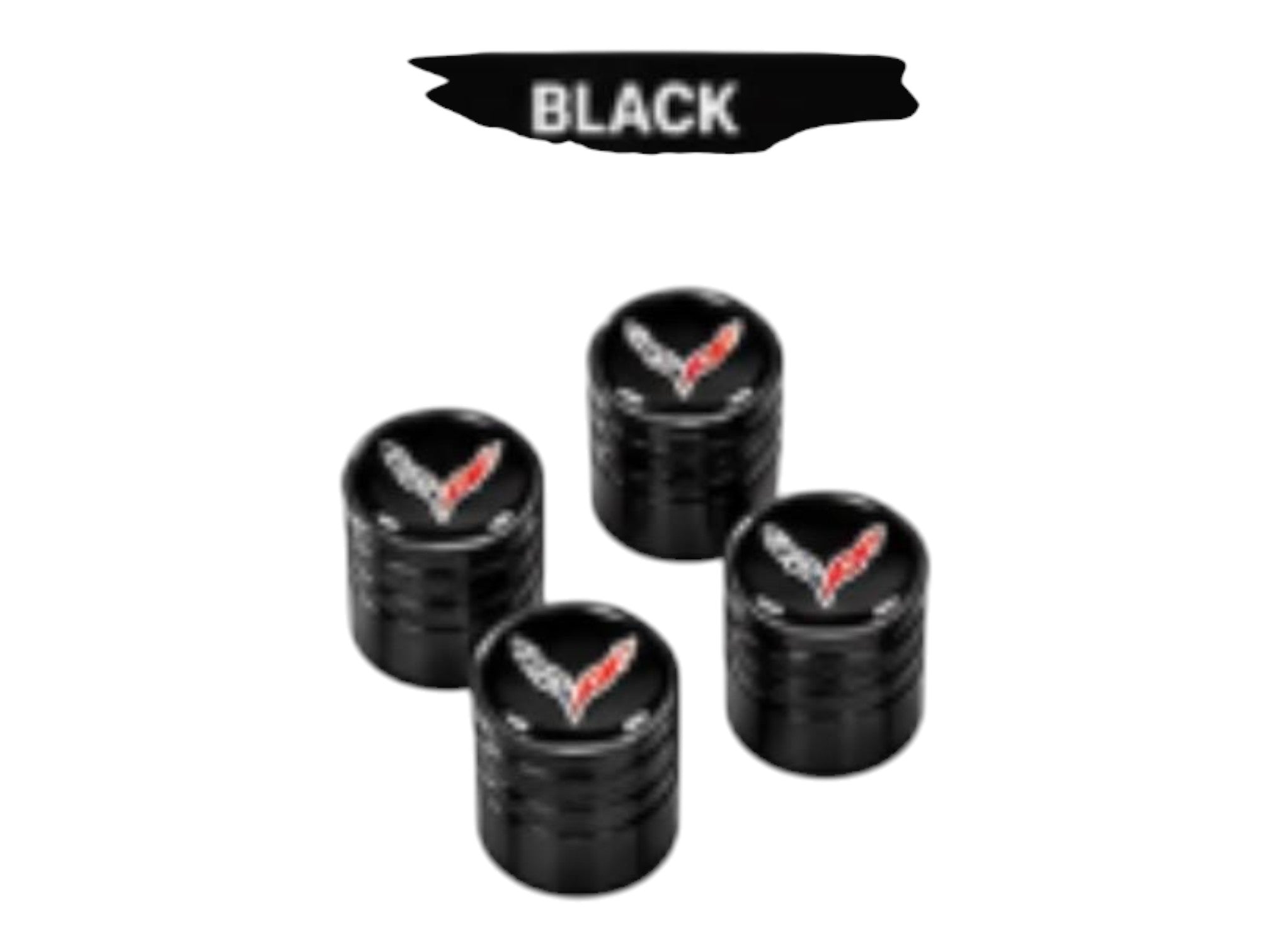T-Top Vibes black anodized billet aluminum valve stem caps with Corvette crossed-flags emblem, set of four.