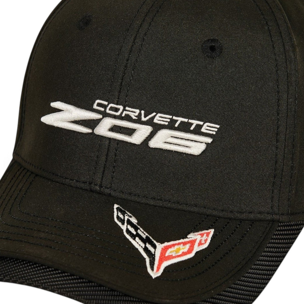 T-Top Vibes black Corvette C8 Z06 cap with embroidered logo and crossed-flags emblem on the bill