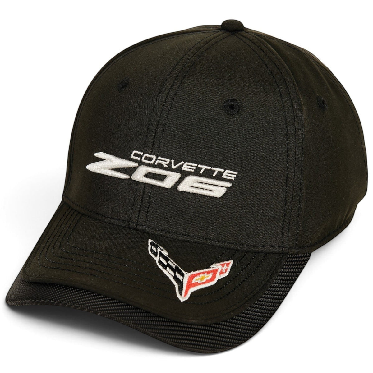 T-Top Vibes black Corvette C8 Z06 low-profile cap with white embroidered branding and crossed-flags bill accent