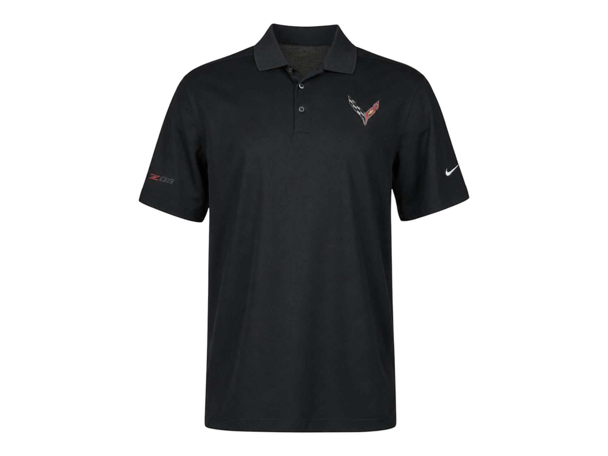 T-Top Vibes black Nike Dri-FIT Corvette Z06 polo shirt with embroidered chest emblem and sleeve detailing.