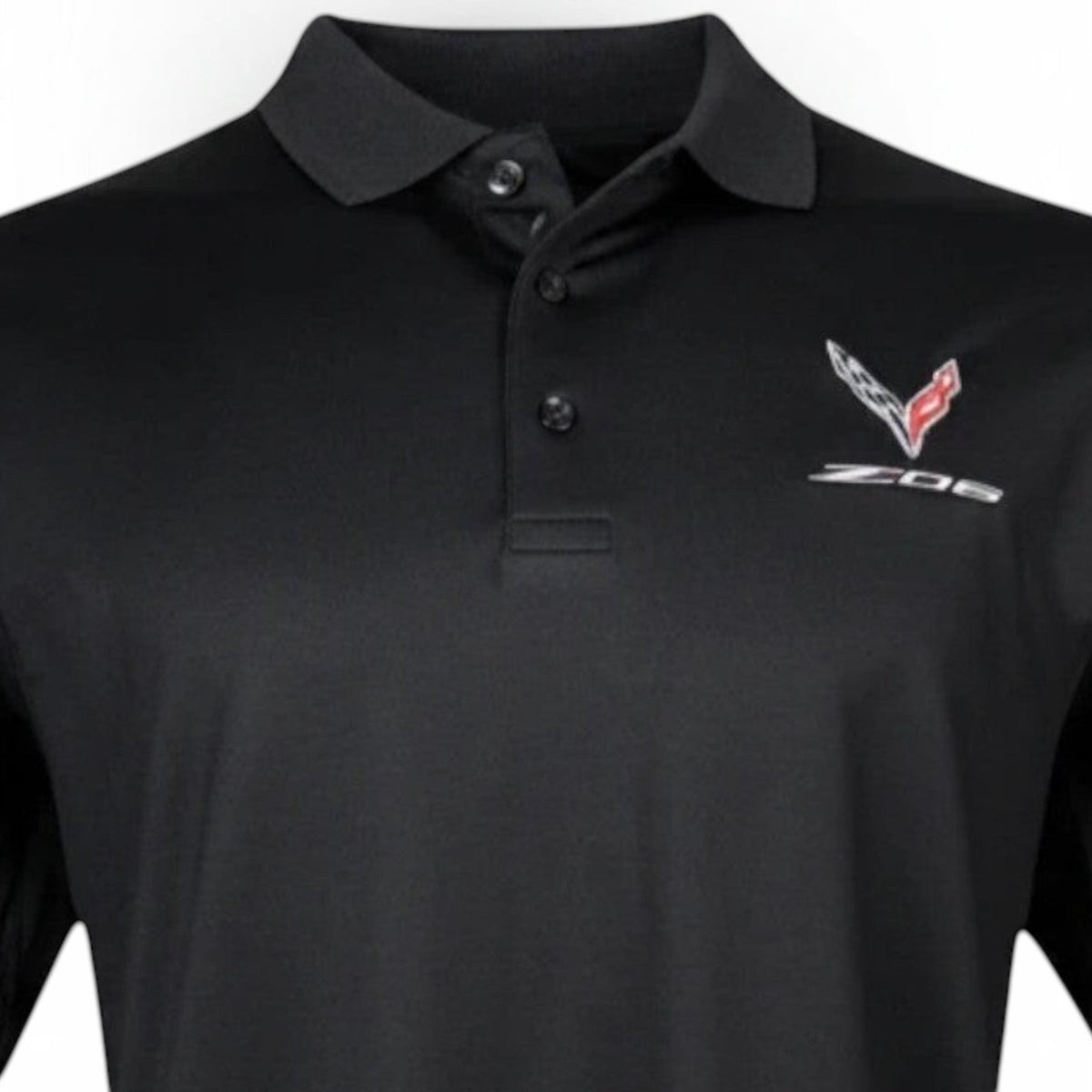 T-Top Vibes black men's Callaway performance polo featuring an embroidered 2023 Corvette Z06 emblem and button placket