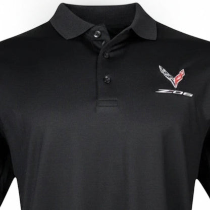 T-Top Vibes black men's Callaway performance polo featuring an embroidered 2023 Corvette Z06 emblem and button placket
