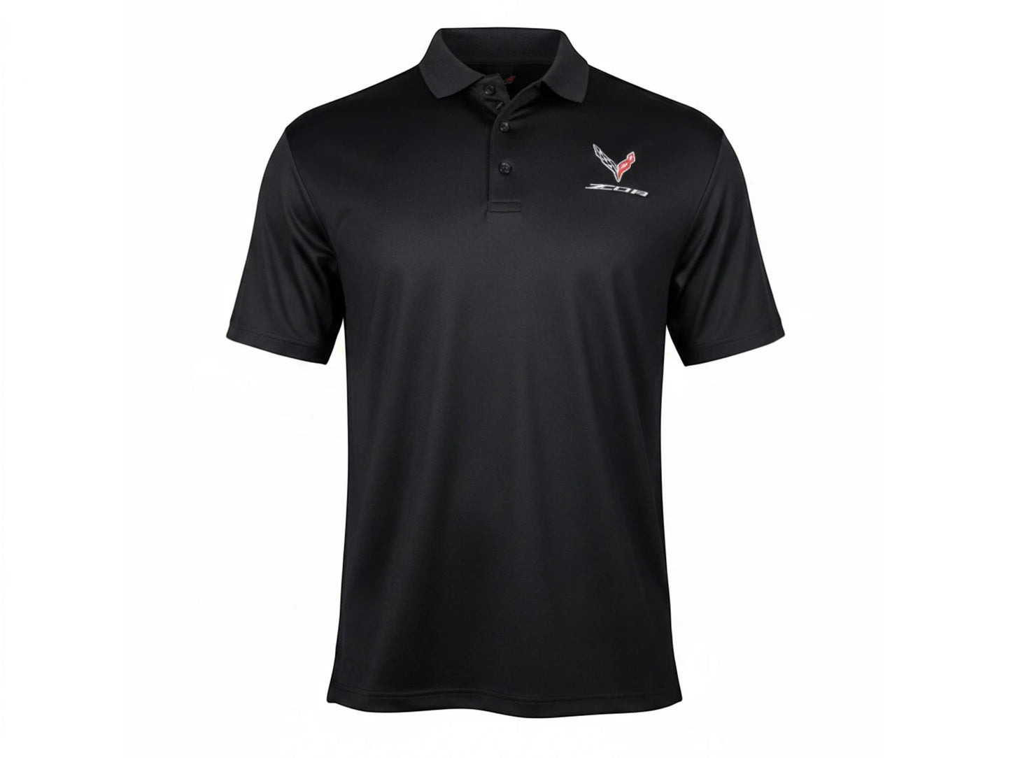 T-Top Vibes black Callaway performance polo with embroidered 2023 Corvette Z06 emblem and three-button placket.