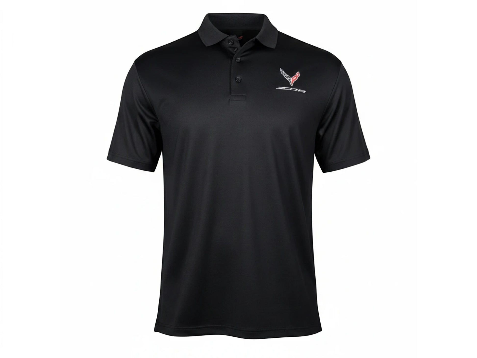 T-Top Vibes black Callaway performance polo with embroidered 2023 Corvette Z06 emblem and three-button placket.