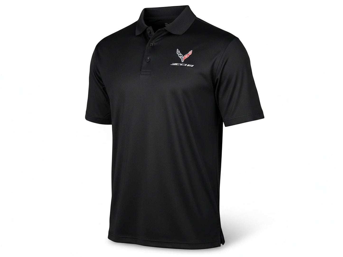 T-Top Vibes black Callaway performance polo featuring an embroidered 2023 Corvette Z06 emblem and three-button placket.