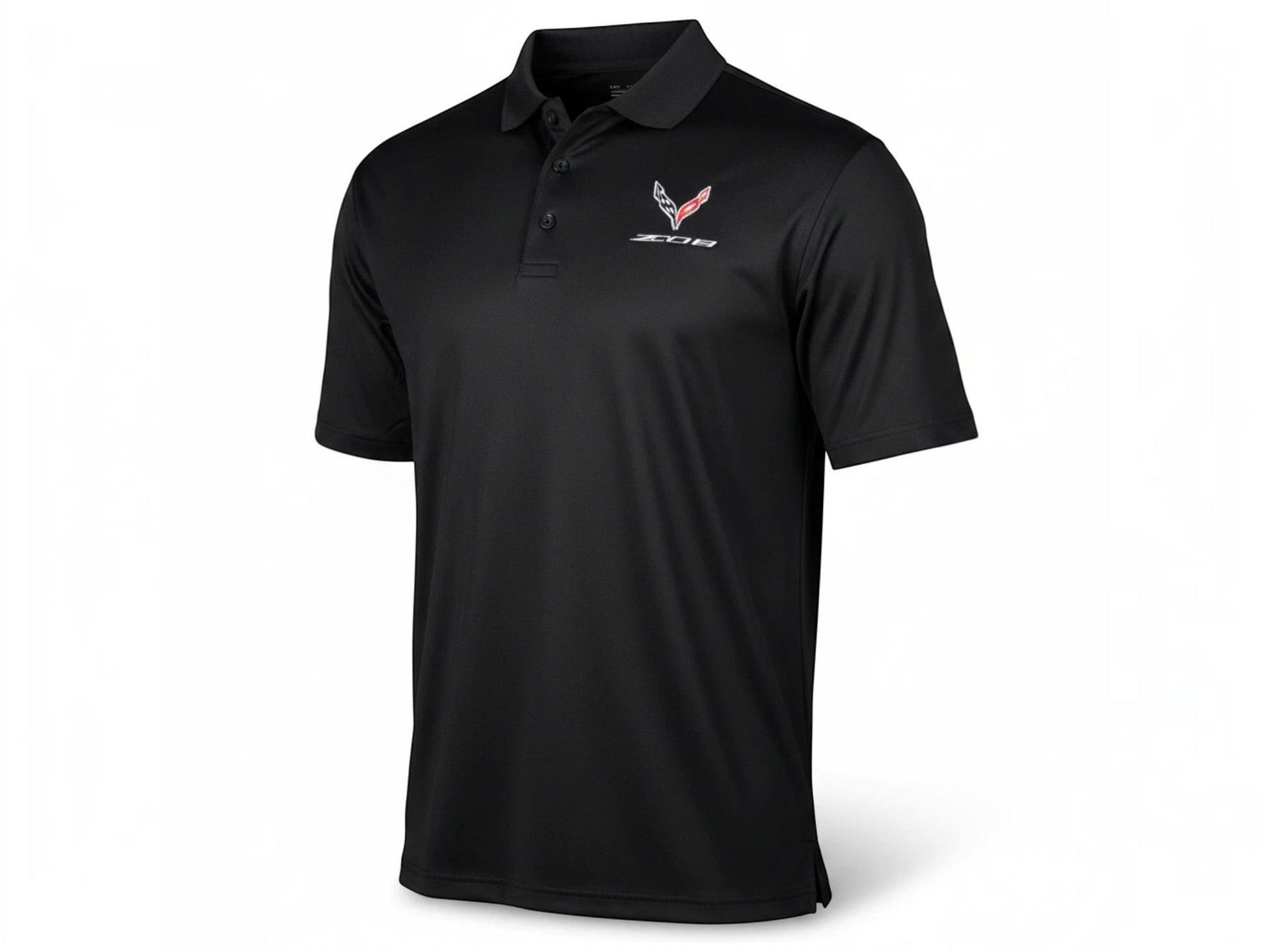 T-Top Vibes black Callaway performance polo featuring an embroidered 2023 Corvette Z06 emblem and three-button placket.