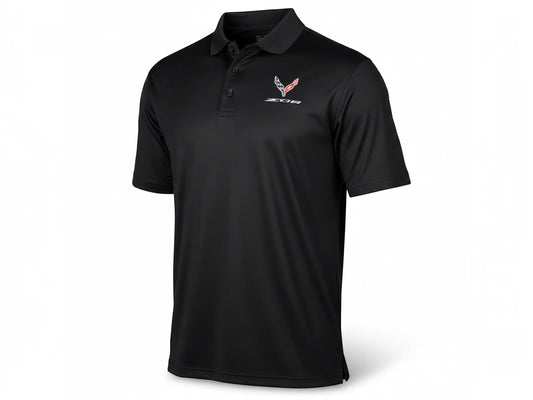 T-Top Vibes black Callaway performance polo featuring an embroidered 2023 Corvette Z06 emblem and three-button placket.