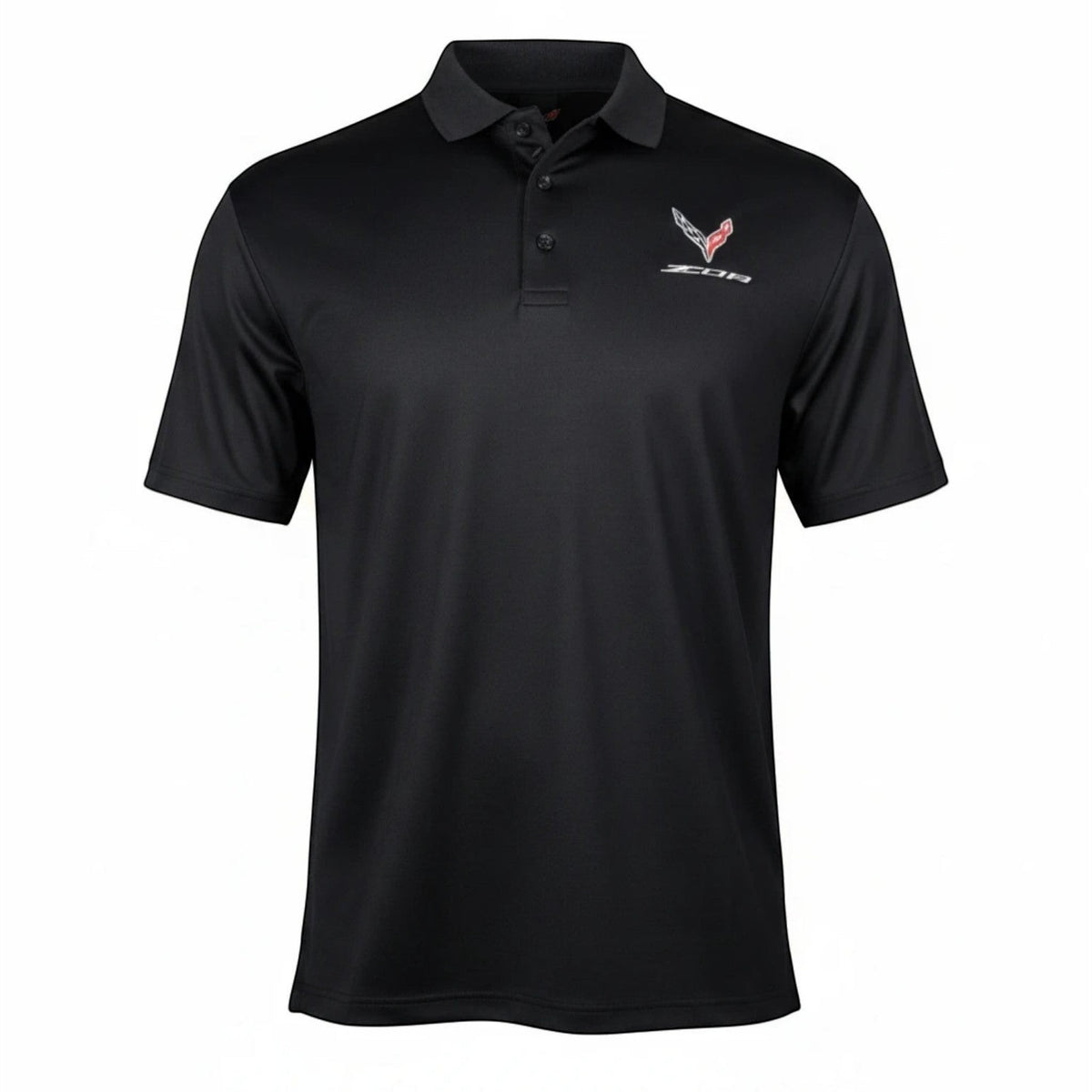 T-Top Vibes black Callaway performance polo featuring an embroidered 2023 Corvette Z06 emblem and three-button placket.
