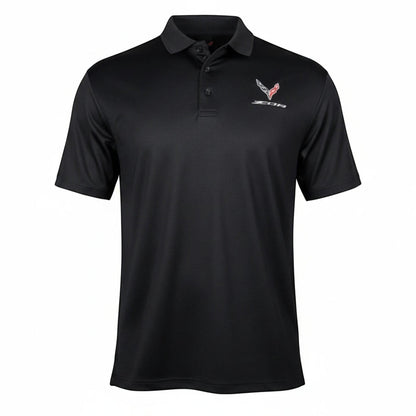 T-Top Vibes black Callaway performance polo featuring an embroidered 2023 Corvette Z06 emblem and three-button placket.